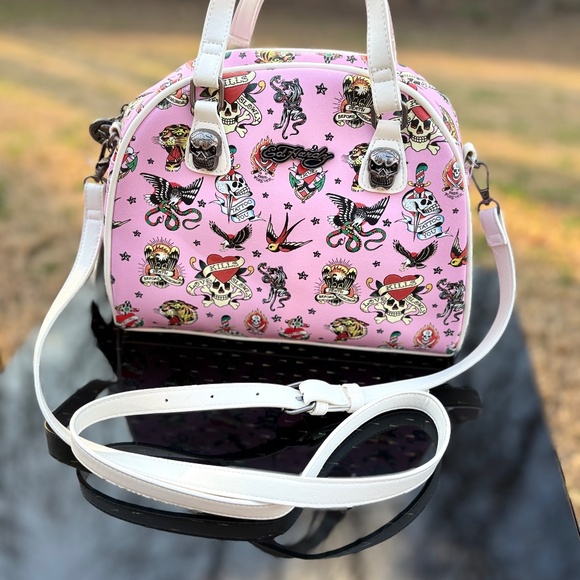 Ed Hardy Mini Duffel Bag | Pink Tattoo Print | Y2K Skull & Swallow Top Handle Ba - Picture 2 of 6